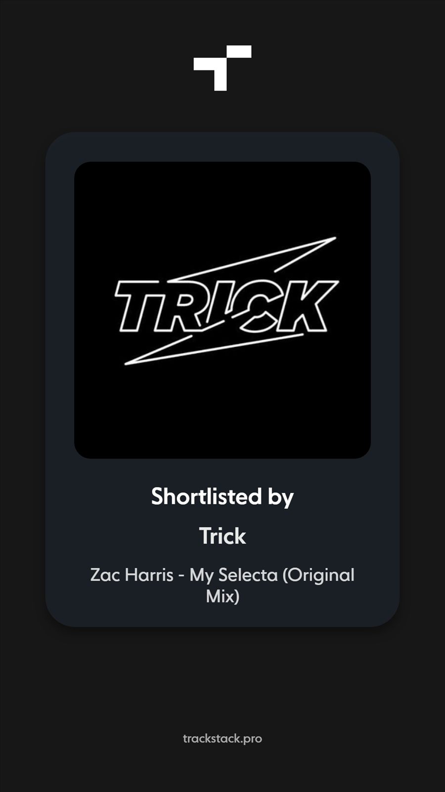 Zac Harris track shortlisted by Trick on Trackstack