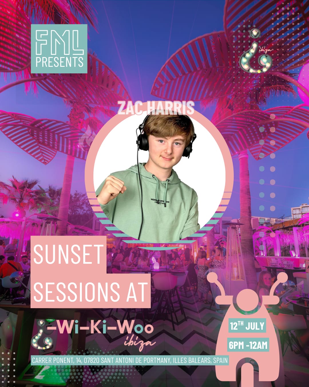 DJ Zac Harris WikiWoo Ibiza sunset session July 2025 teen DJ tech house FML events Newcastle artist