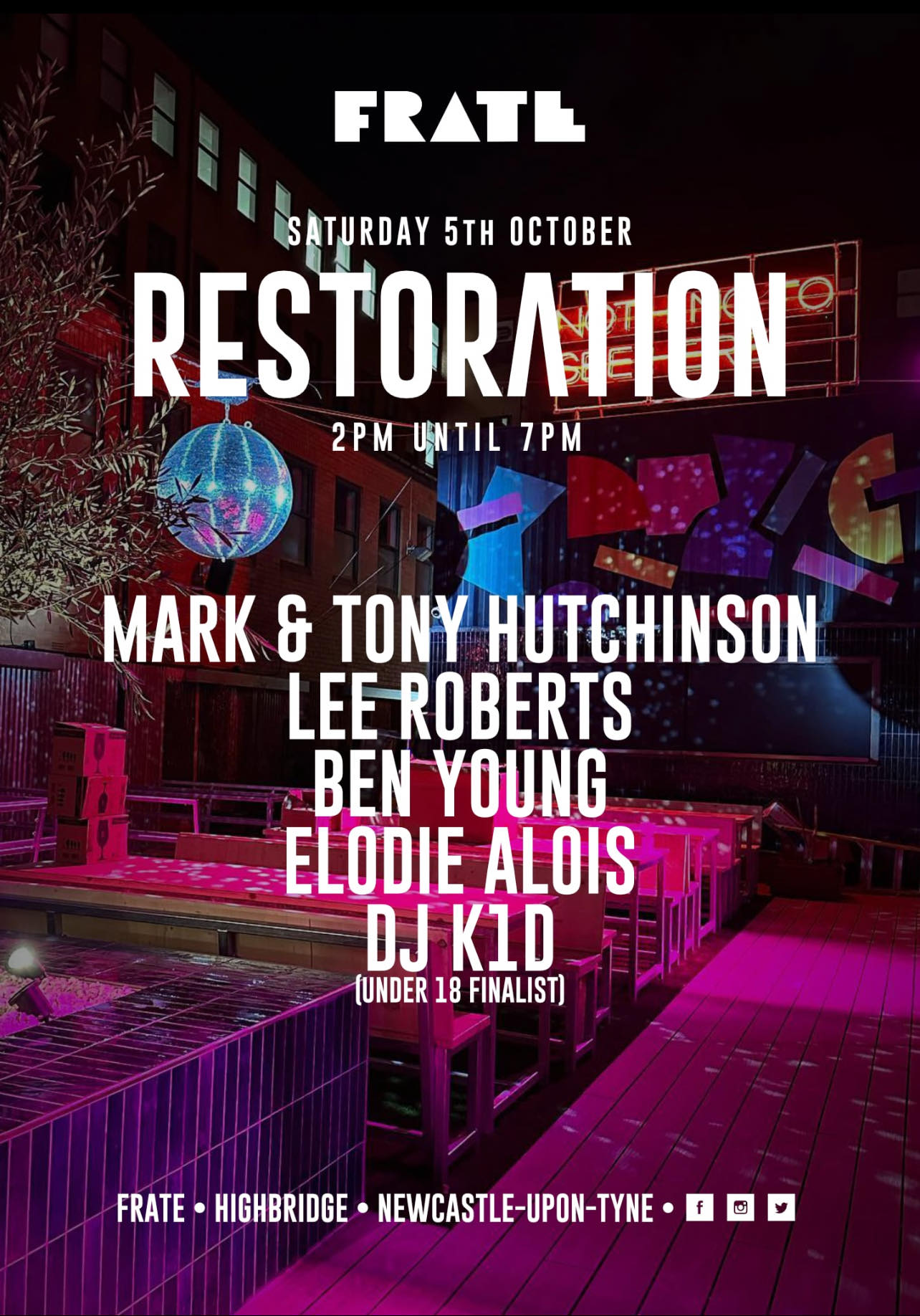 DJ Zac Harris play live DJ Set Restoration at Frate Newcastle with Mark and Tony Hutchinson, Lee Roberts,Ben Young and Elodie Alois